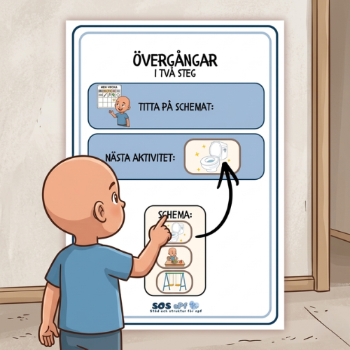 Ett nytt och tydligt övergångsstöd i två steg för barn med NPF. Hjälper barnet att förstå vad som händer nu och vad som kommer härnäst. Passar i skola, förskola och hem. Fler schemabilder finns på SOS NPF.
