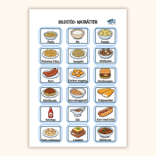 SOS-NPF, bildstöd mat, snacks, frukost, mellanmål, maträtter, dryck
