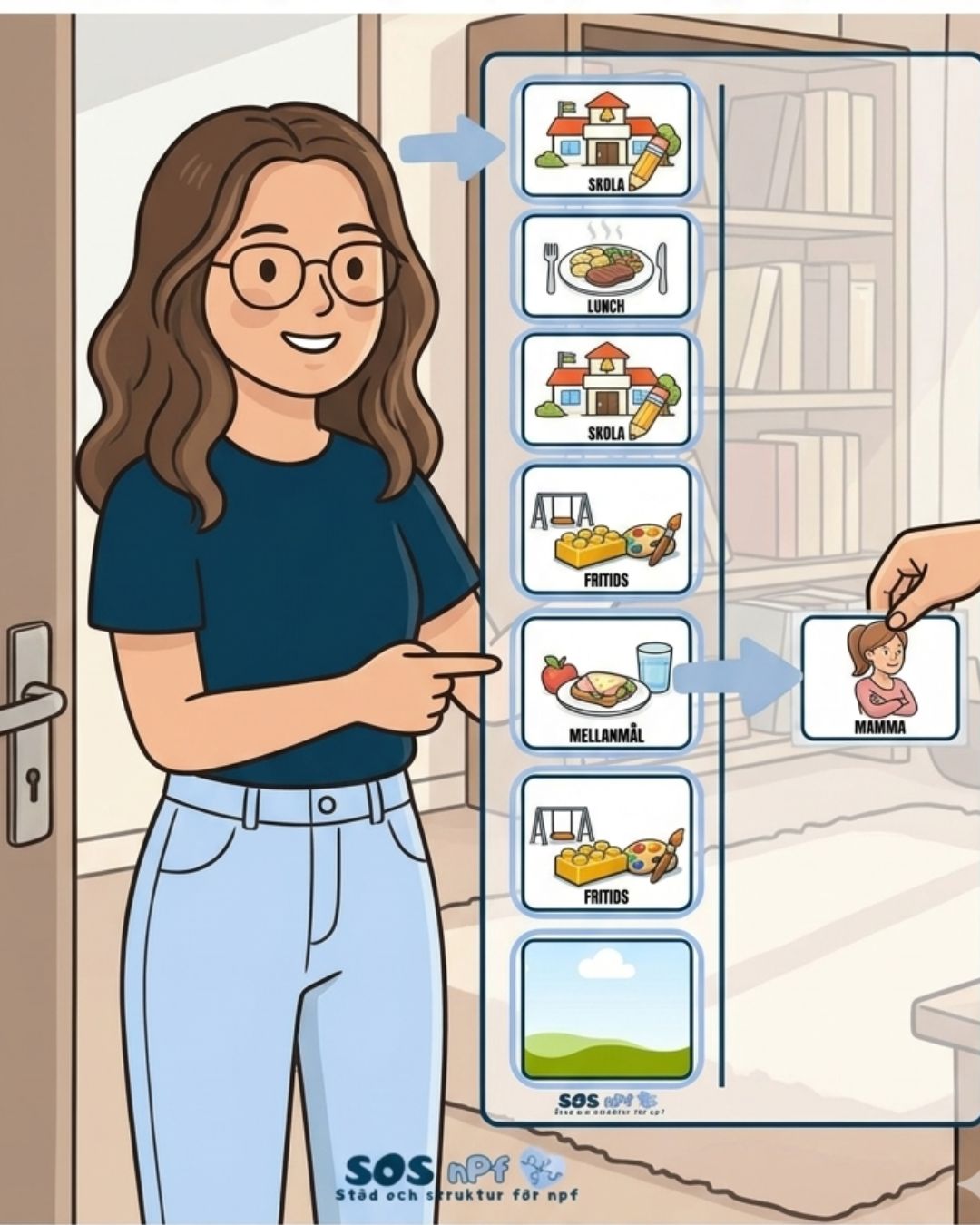 illustration en kvinna med glasögon som pekar på ett schema med dags-struktur