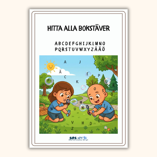 Upptäck Bokstavsjakt – ett lugnt och lekfullt material där barn tränar på bokstäver A–Ö med trygg struktur och tydliga övningar.